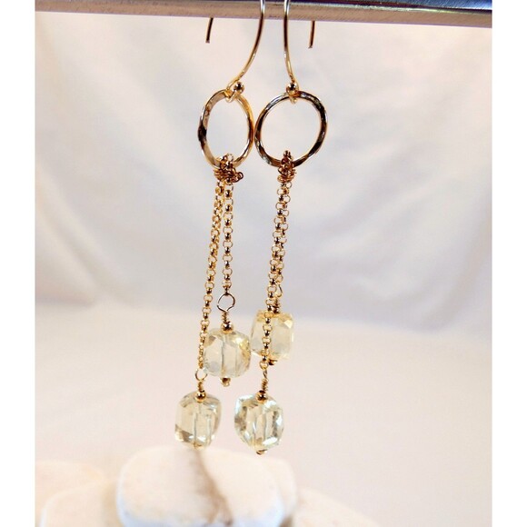 Yellow Quartz Cube Gemstone 14k Yellow Gold Fill Drop Earrings OOAK - Picture 5 of 7